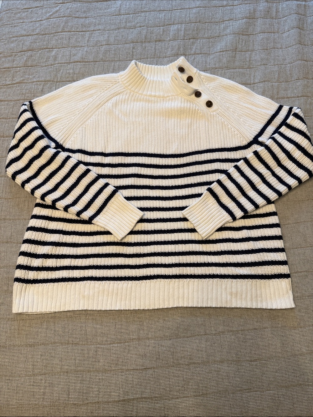 JCREW Striped White & Navy Button-Shoulder Turtleneck Sweater